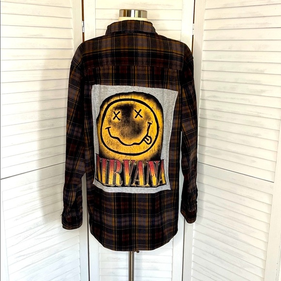 Flannel Shirt DIY Tops - Wearable Art Flannel Shirt Nirvana Dark Plaid DIY Upcycled Oversized Relaxed